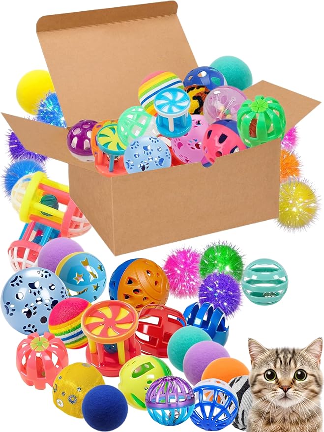 40-Piece Cat Toy Variety Pack for Indoor Cats and Kittens, Bouncy Paws (1.5'' - 2.2'', Cat Toys Deluxe Pack)-PawvioPets