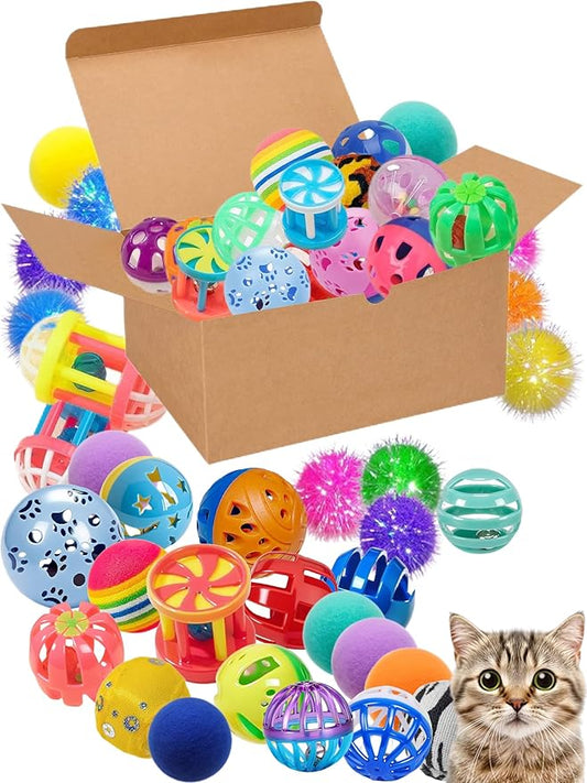 40-Piece Cat Toy Variety Pack for Indoor Cats and Kittens, Bouncy Paws (1.5'' - 2.2'', Cat Toys Deluxe Pack)-PawvioPets