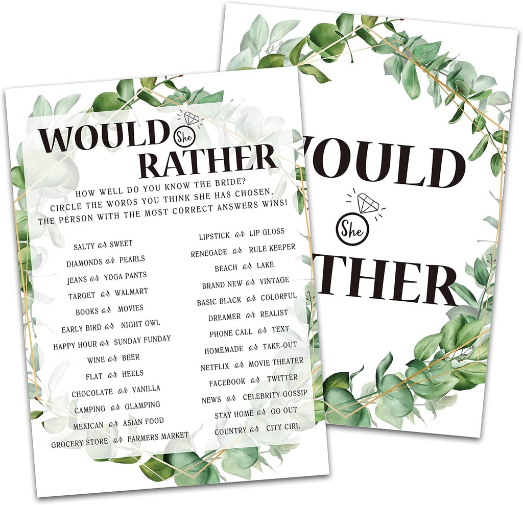 Bridal Shower Game Cards, Would She Rather Game, Tropical Jungle Theme Engagement Party Cards For Wedding, Set of 30 Cards(Leaf003)