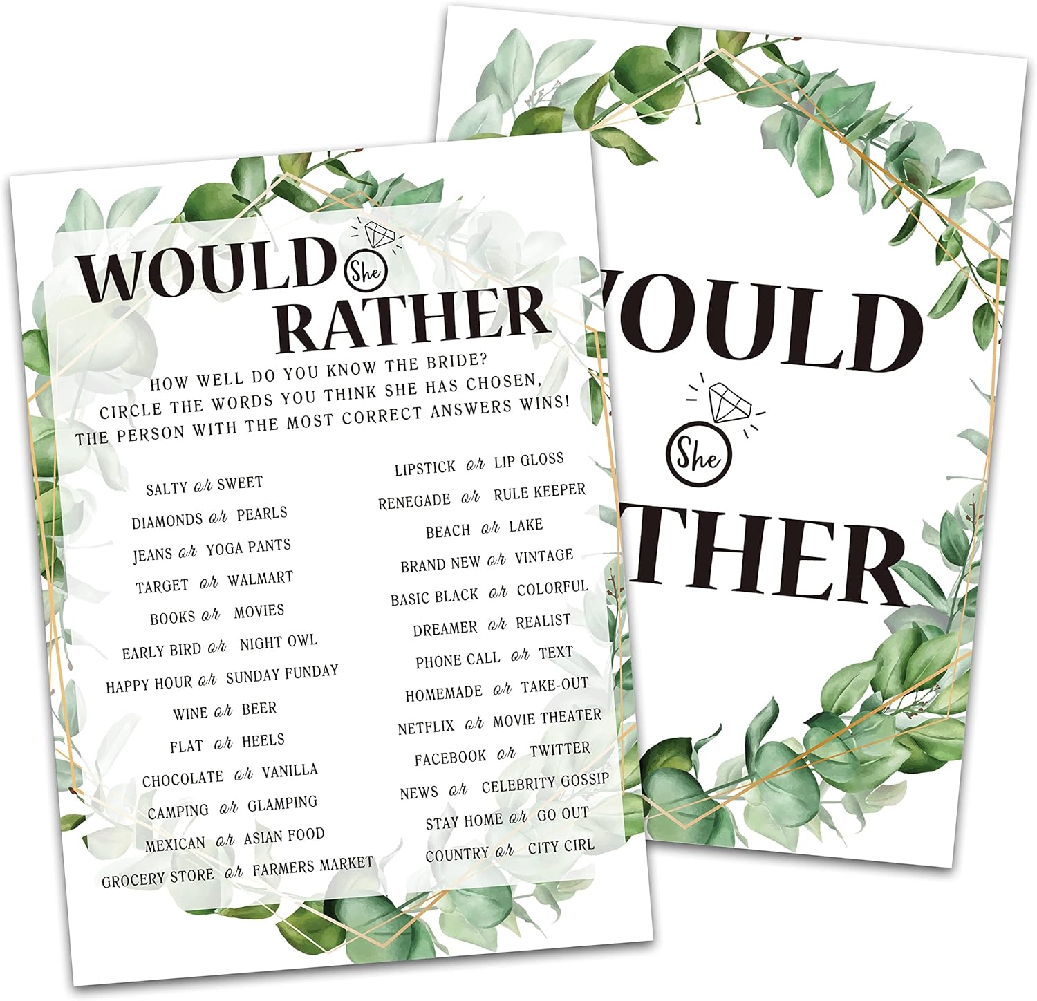 Bridal Shower Game Cards, Would She Rather Game, Tropical Jungle Theme Engagement Party Cards For Wedding, Set of 30 Cards(Leaf003)