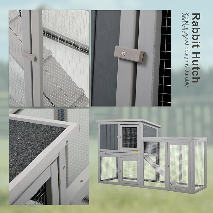 Assembled Wooden Indoor & Outdoor Rabbit Hutch, 2 Story Small Animal House Habitat, Durable Pet Bunny House Cage with Cleaning Tray, for Bunny Chick Duck Hamster (Grey)-PawvioPets