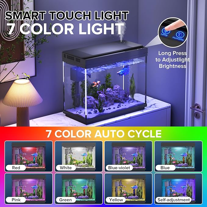 Fish Tank, 2.4 Gallon Fish Aquarium, Fish Tank Starter kit with Smart Humidifier, Temperature Display, 7-Color Lighting, 3 in 1 Quiet Pump with Filteration & Oxygenation & Circulation-PawvioPets