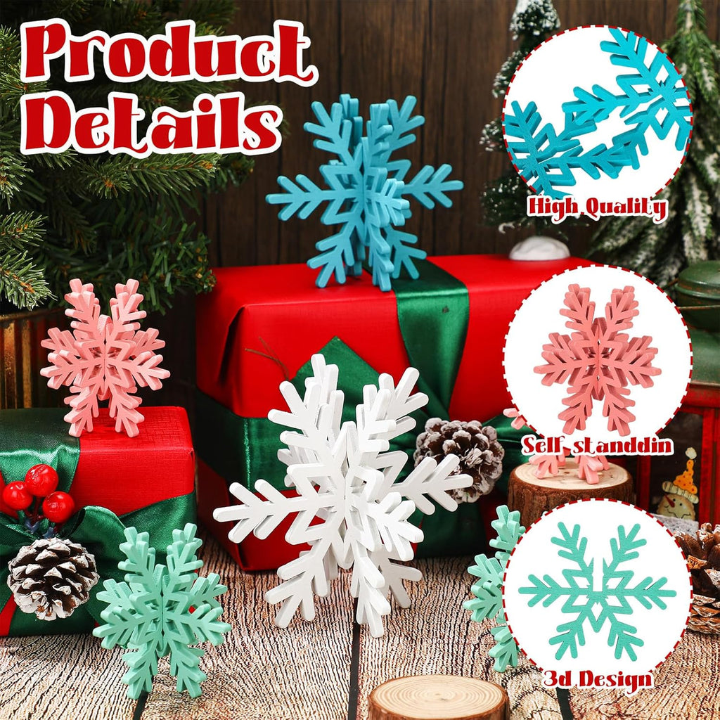 Bucherry 12 Pcs Wooden Snowflake Table Decor 3D Snowflake Tabletop Signs and Centerpiece for Christmas Xmas Winter Wonderland Decorations Home Party(Pink, Green, Blue, White)