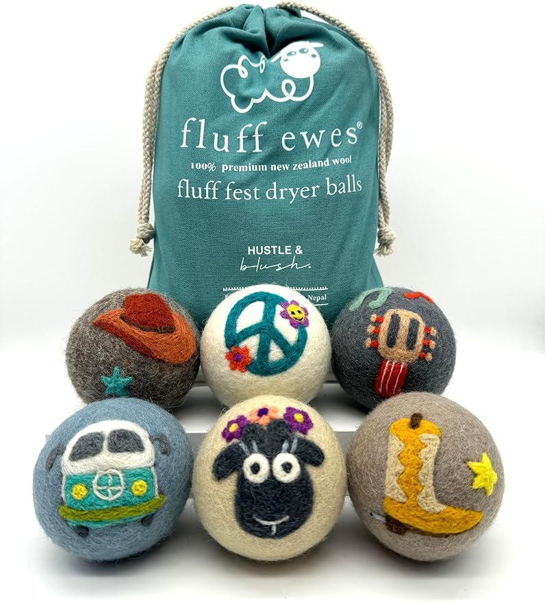 Fluff Ewes Wool Dryer Balls 6 Pack Premium New Zealand Wool Laundry Balls for Dryer, No Static Dryer Balls Laundry Reusable, XL Wool Dryer Balls Cute, Baby Dryer Balls for Dryers - Fluff Fest-PawvioPets