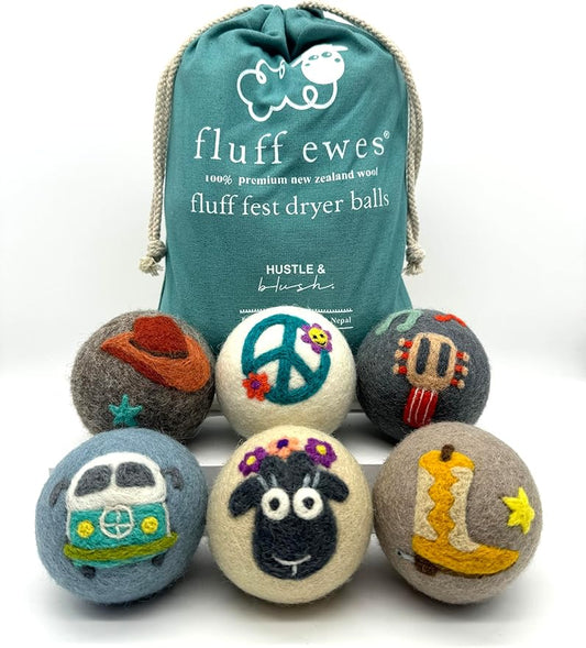 Fluff Ewes Wool Dryer Balls 6 Pack Premium New Zealand Wool Laundry Balls for Dryer, No Static Dryer Balls Laundry Reusable, XL Wool Dryer Balls Cute, Baby Dryer Balls for Dryers - Fluff Fest-PawvioPets