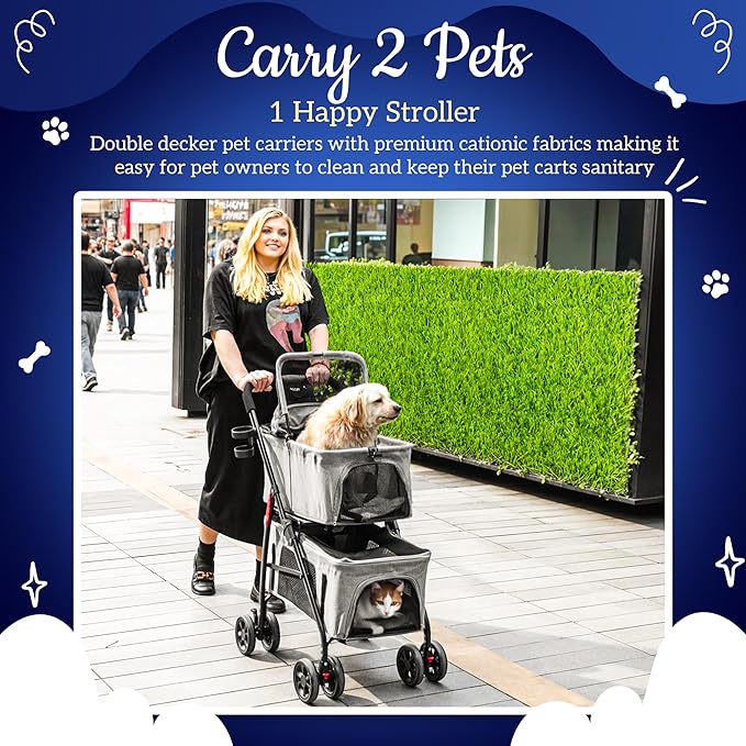 Detachable Pet Double Stroller with 4 Rolling Casters for 2 Pets – Lightweight Multifunctional Travel Stroller with Mesh Windows, Cup Holder, Sun Shades & Storage Pocket for Puppy and Kitty-PawvioPets