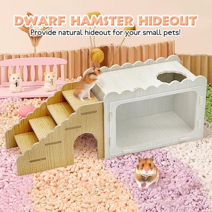 Fhiny Hamster Hideout Wooden Chamber with Climbing Ladder, Visible Hamster Digging Box with Acrylic Transparent Board Gerbil Platform Exploring House Habitat Decor for Dwarf Hamsters Gerbils Mice-PawvioPets