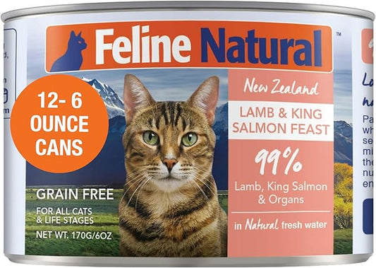 Feline Natural New Zealand Canned Catfood Wet Food, High-Meat, Low-Carb, & Grain Free Cat Food Wet, Lamb & Salmon Feast, 6 oz, Pack of 12-PawvioPets