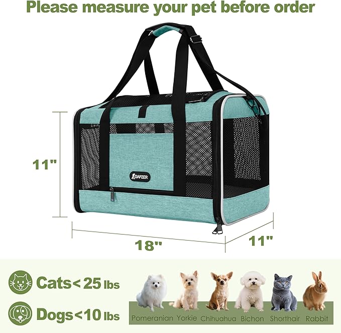 Cat Carrier 18"x11"x11" TSA Approved Ventilated Top Open Softsided Pet Air Travel Bag, Small Animal Basic Crate Shih Tzu Dog Kennel Carry Case, 4-Mesh-Side Kitty Carry on up to 20lbs Teal-PawvioPets