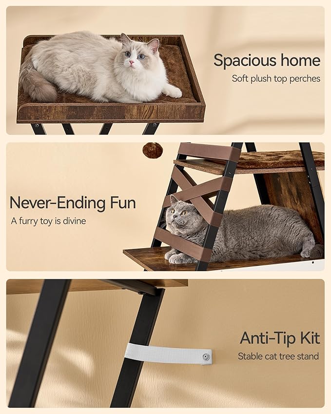 FourFurPets 72.4" Modern Cat Tower for Indoor Cats - Multi-Level Condo With Caves, Tall Tree With Scratching Board, Wooden Tower With Large Perch, Removable Pads, Rustic Brown-PawvioPets