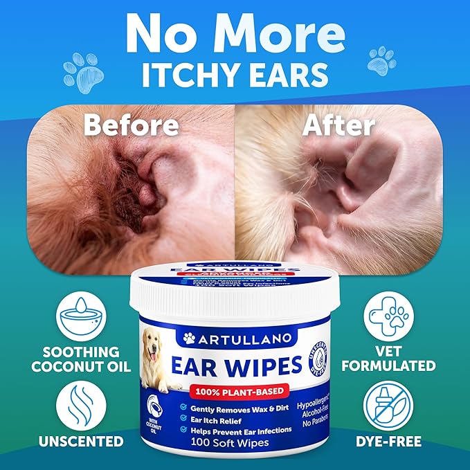 Dog Ear Wipes - 100 ct - Removes Wax and Dirt - Soothing Ear Cleaner Wipes for Dogs, Puppies - 100% Plant Based, Unscented with Coconut Oil - Ear Infection Treatment to Relief Itching & Inflammation-PawvioPets