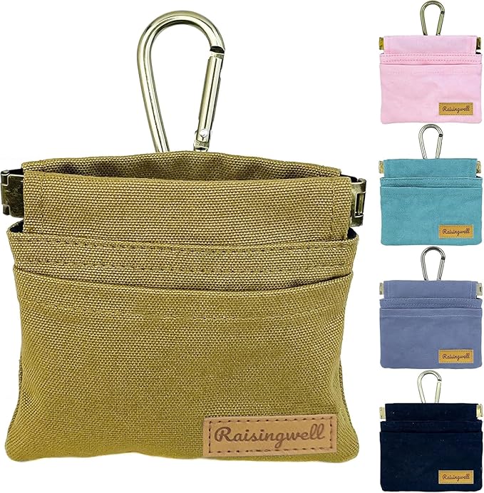 Dog Treat Pouch, Brown Pocket Sized Pet Training Pouch, Cotton Fabric, Hand Free Dog Walking Bag with Carabiner, Self-Closing Pet Feed Snack Reward, for Puppy Travel or Outdoor Use-PawvioPets