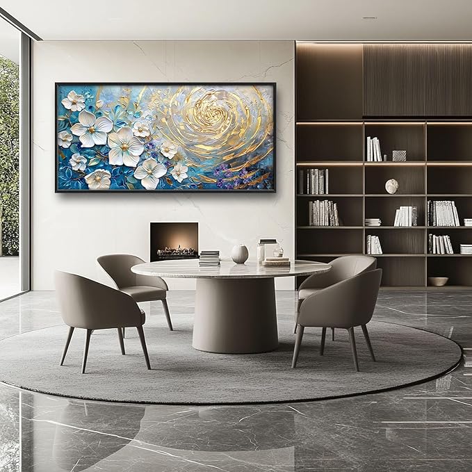 Flower Large Wall Art White Floral Pictures Abstract Golden Spiral Texture Wall Decor Canvas Print Painting Artwork for Bathroom Living Room Bedroom 60L" x 30W"-PawvioPets