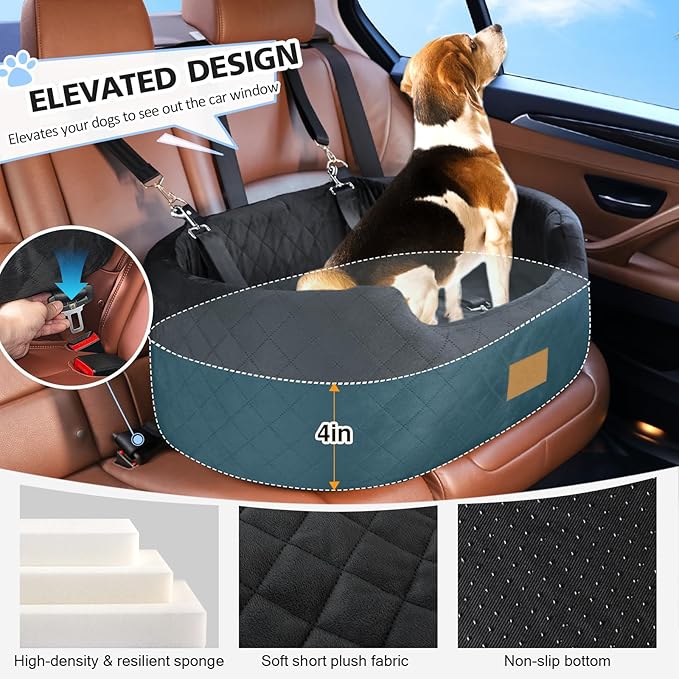 Dog Car Seat for Medium Dogs Up to 50 lbs, Pet Booster Seat for Cars SUVs and Trucks, Travel Dog Bed with Safety Strap, Thick Cushion, Non-Slip Base, Washable and Portable (Black)-PawvioPets