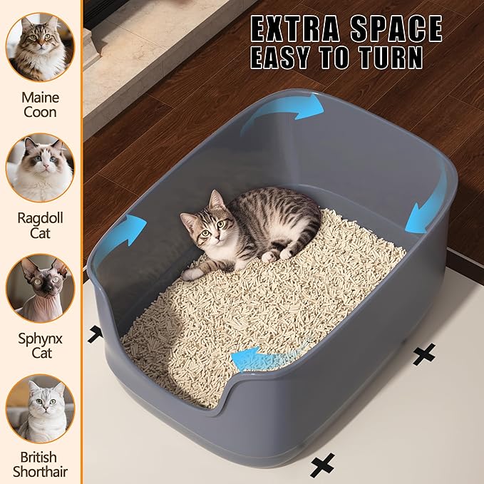 Gefryco Large Cat Litter Box with High Sided 24.6"x18.3"x12.2" - Jumbo Extra Large Open Anti - Splashing High Wall for Multiple Cats (Grey)-PawvioPets