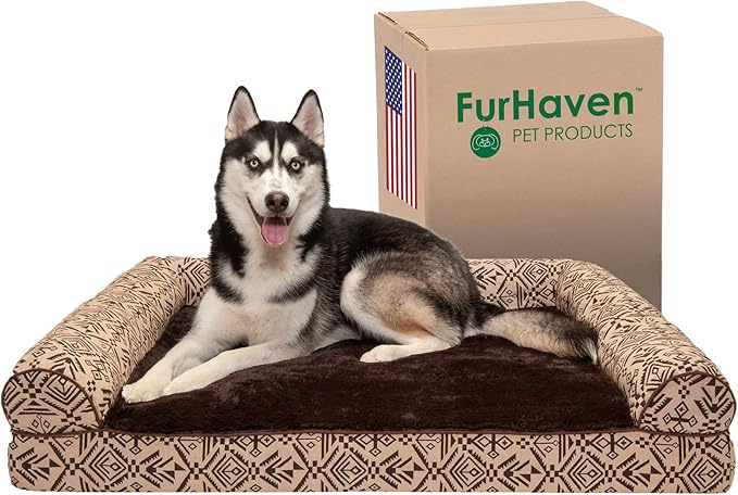 Furhaven Orthopedic Dog Bed for Large Dogs w/ Removable Bolsters & Washable Cover, For Dogs Up to 95 lbs - Plush & Southwest Kilim Woven Decor Sofa - Desert Brown, Jumbo/XL-PawvioPets