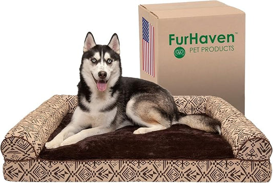 Furhaven Orthopedic Dog Bed for Large Dogs w/ Removable Bolsters & Washable Cover, For Dogs Up to 95 lbs - Plush & Southwest Kilim Woven Decor Sofa - Desert Brown, Jumbo/XL-PawvioPets