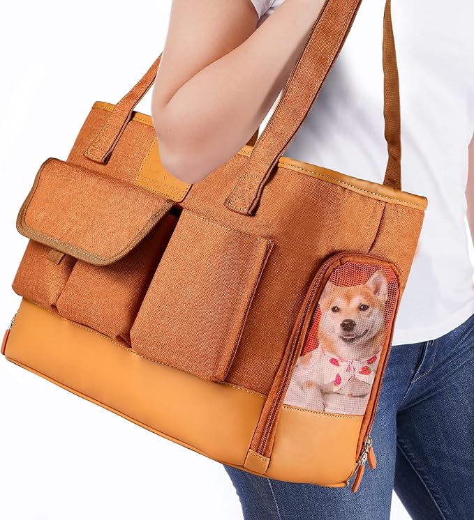 Cat Carrier, Dog Carrier, Pet Carrier, Foldable Waterproof Premium PU Leather Oxford Cloth Dog Purse, Portable Bag Carrier for Small to Medium Cat and Small Dog-Brown-PawvioPets