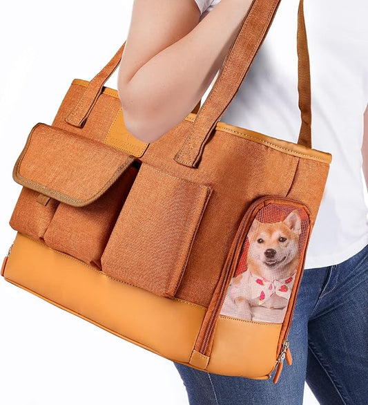 Cat Carrier, Dog Carrier, Pet Carrier, Foldable Waterproof Premium PU Leather Oxford Cloth Dog Purse, Portable Bag Carrier for Small to Medium Cat and Small Dog-Brown-PawvioPets