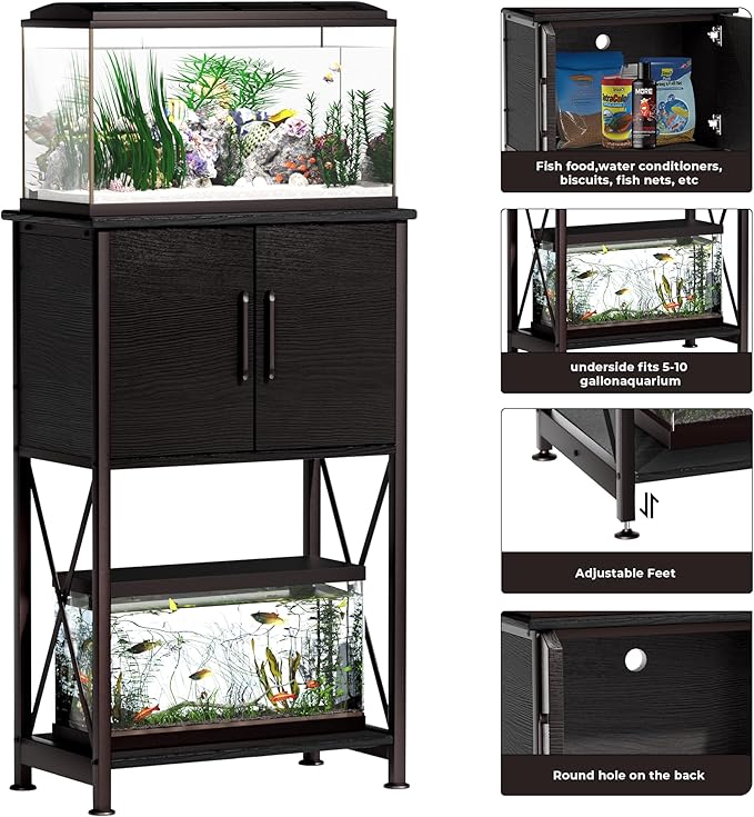 5-10 Gallon Fish Tank Stand, Metal Double Aquarium Stand with Cabinet for Fish Tank Accessories Storage, Heavy Duty 20.5" L* 11.02" W Tabletop, 500LBS Capacity Black PG06YGB-PawvioPets