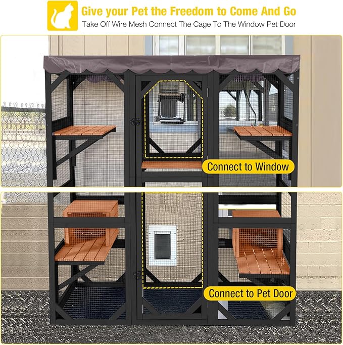 Aivituvin Catio Outdoor Cat Enclosure Large Cat House for Mulitiple Cats Walk in Kitty Cage with Tarp Roof 70" Black-PawvioPets