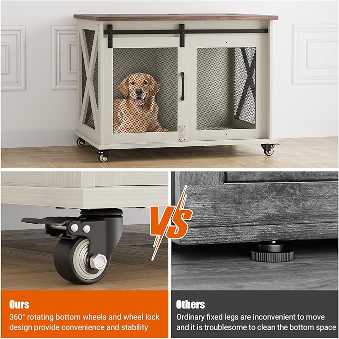 Dog Crate Furniture,37 Inch Indoor Dog Cage with Sliding Barn Door, Flip Top Dog Kennel End Table with Removable Divider, Farmhouse Wooden Pet House for Small to Middle Size Dogs-PawvioPets