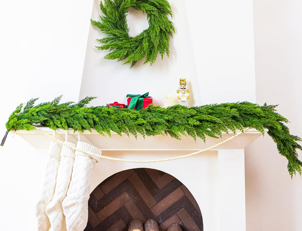 6FT Extra Full Christmas Garland Faux Cypress Pine Cedar Garland Realistic for Mantle Fireplace Stairs Table Wall Door Indoor Outdoor Christmas Xmas Decor Decorations