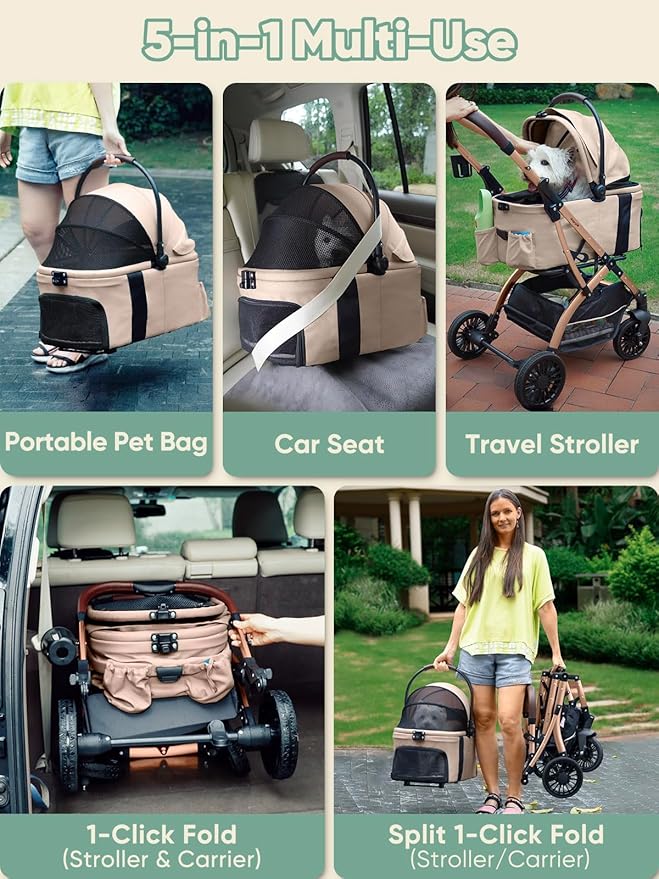 Dog Stroller, Cat Strollers, 5-in-1 Pet Stroller with Detachable Waterproof Carrier for Small/Medium Dogs Cats up to 55lbs, All-in-One Fold Without Detaching Carrier for Dogs Cats 10 lbs to 55 lbs-PawvioPets