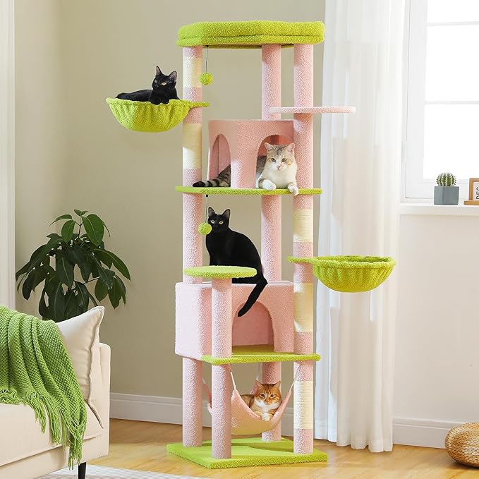 71.2" Large Cat Tree for Multi-Cat Households - Heavy-Duty 9-Level Cat Tower w/5 Sisal Scratching Posts, 2 Condos, 3 Hammocks, Extra-Large Perch & Pompoms - Space-Saving, Pink-PawvioPets