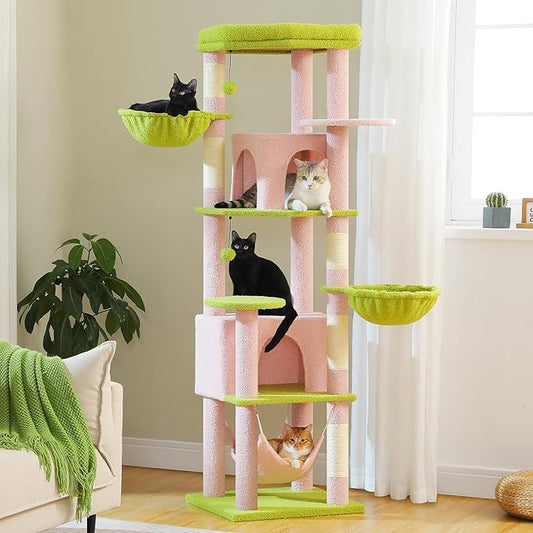 71.2" Large Cat Tree for Multi-Cat Households - Heavy-Duty 9-Level Cat Tower w/5 Sisal Scratching Posts, 2 Condos, 3 Hammocks, Extra-Large Perch & Pompoms - Space-Saving, Pink-PawvioPets