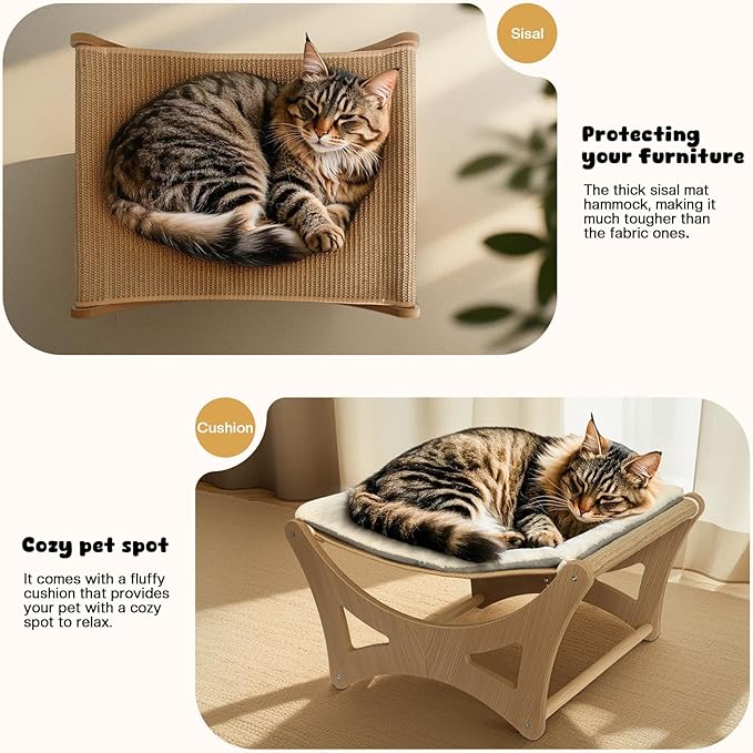 Cat Hammock Bed, Wooden Elevated Cat Beds with Natural Sisal Scratching Mat, Cats Scratcher Bed with Removable Soft Cushion, Cats Scratching Beds with Wood Frames, 22" L x 17.7" W-PawvioPets