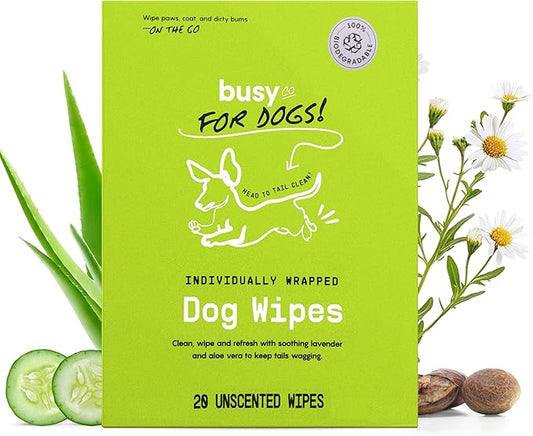 Busy Co. - Hypoallergenic Dog Wipes, Cleaning and Odor Control Grooming Wipes for Paws, Body, and Butt, Perfect for Puppy and Adult Dogs, Individually Wrapped, Unscented (Unscented, 20 Grooming Wipes)-PawvioPets
