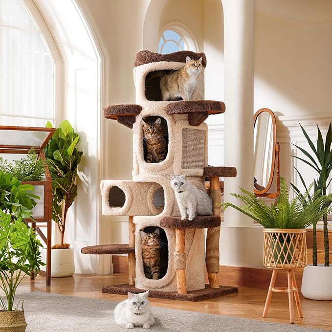 70'' Luxury Heavy Duty Cat Tree for Indoor Cats Adults,Treehouse Theme Large Cat Tower for Home Decoration,Multi-Level Modern Maine Coon Condo with 3*Wood Scratching Post,Perch,Huge House for Multicat-PawvioPets