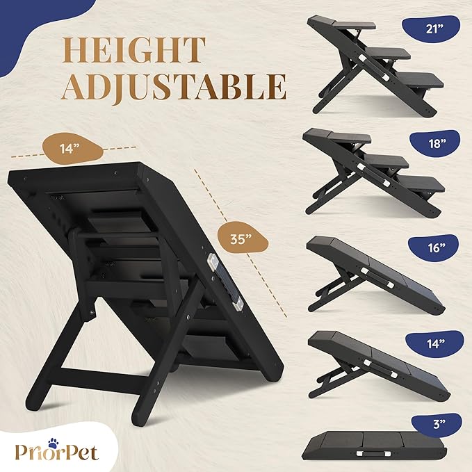 Dog Steps for Bed & Couch 2-in-1 Dog Stairs/Ramp - Height Adjustable Dog Ramp for Couch 7” - 20” - Pet Stairs, Dog Stairs for Small Dogs - Easy to Move Pet Steps with Landing Platform, Black-PawvioPets