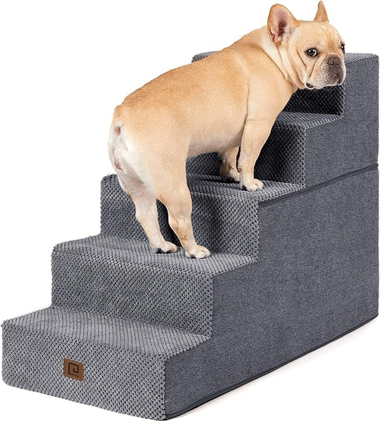EHEYCIGA Dog Stairs for High Bed 22.5" H, 5-Step Dog Steps for Bed, Pet Steps for Small Dogs and Cats, Non-Slip Balanced Pet Ramp Indoor, Grey-PawvioPets