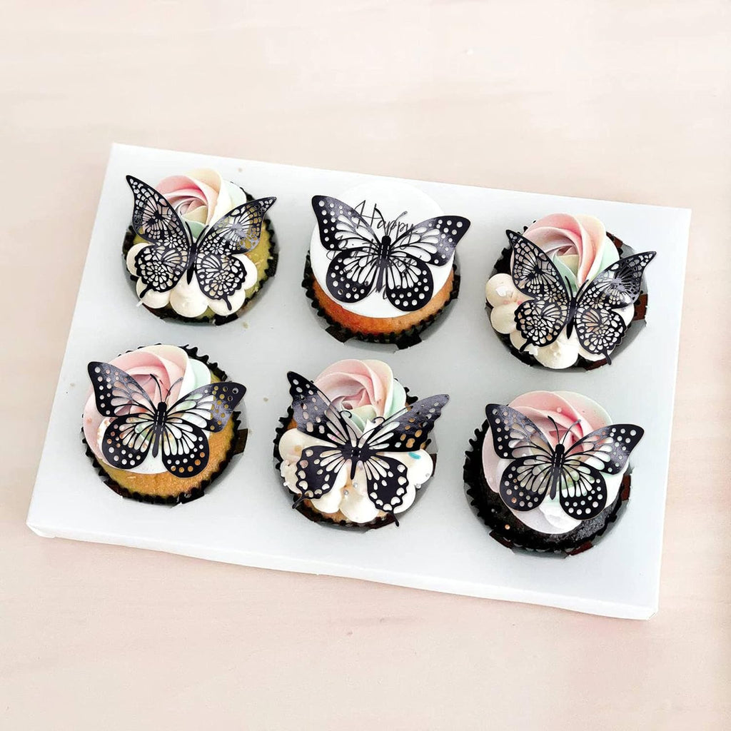 Gyufise 36 Pack Black Laser 3D Butterfly Cupcake Toppers Hollow Cake Decorations for Birthday Wedding Fairy Party Wall Sticker Decal
