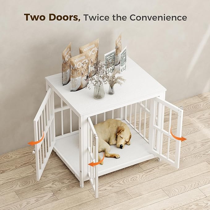 26 Inch Heavy Duty Wooden Dog Kennel End Table with Double Door Design and Secure Locks, Indoor Pet Crate Furniture for Small Dogs, Decorative Home Cage Design,White-PawvioPets