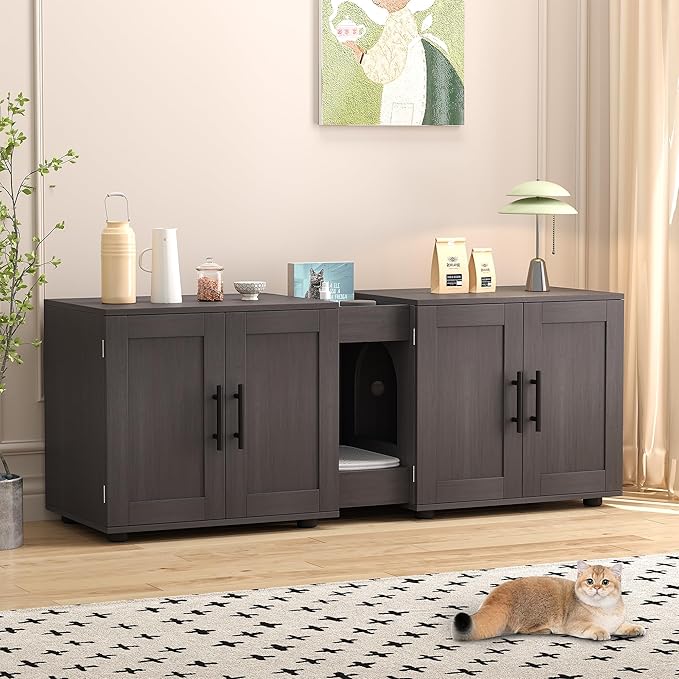 Gaomon Litter Box Enclosure with Double Room,Cat Hidden Litter Box Enclosure Furniture for 2 Cats with Double Room, 55”L x 17.7”W x 22.5”H Cat House,Wooden Enclosed Cat Litter Box Furniture,Walnut-PawvioPets