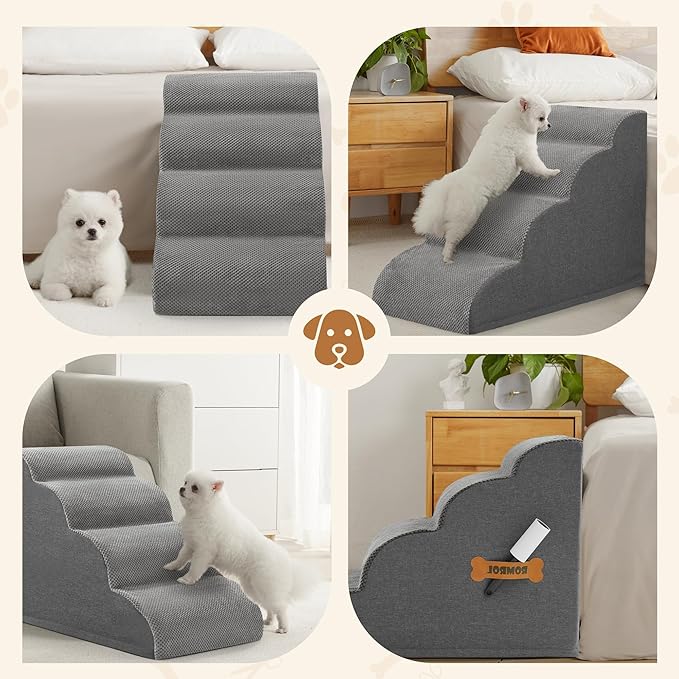 Dog Stairs, Romrol Dog Steps Ramp for High Bed and Couch, Dogs Ramp with Durable Non-Slip Waterproof Fabric Cover, Pet Stairs for Small Dogs and Cats or Pets Joints, 4-Tiers,Grey-PawvioPets