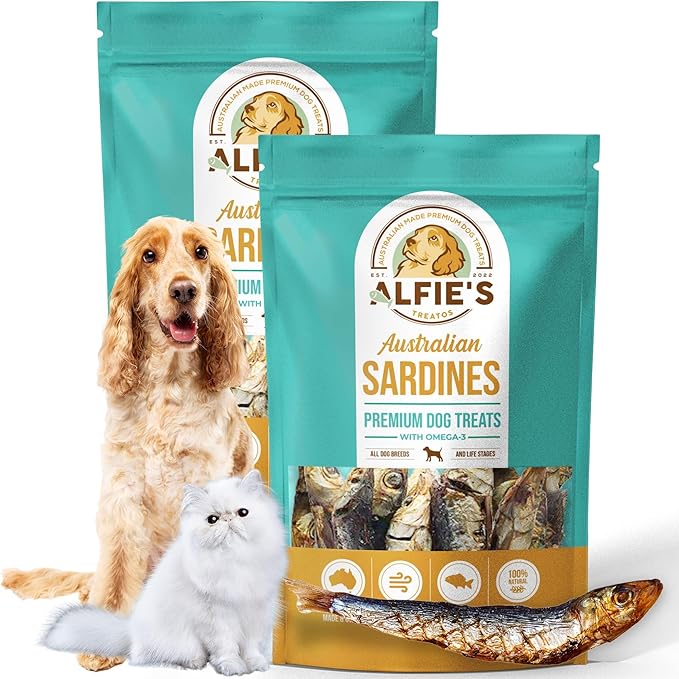 ALFIE'S TREATOS Sardines for Dogs & Cats (5.3 oz, 2x2.65 oz), Value Bundle, Air-Dried Fish Dog Treats, Omega-3 Food Topper, Single Ingredient, Australian Wild-Caught, Freeze-Dried Alternative-PawvioPets