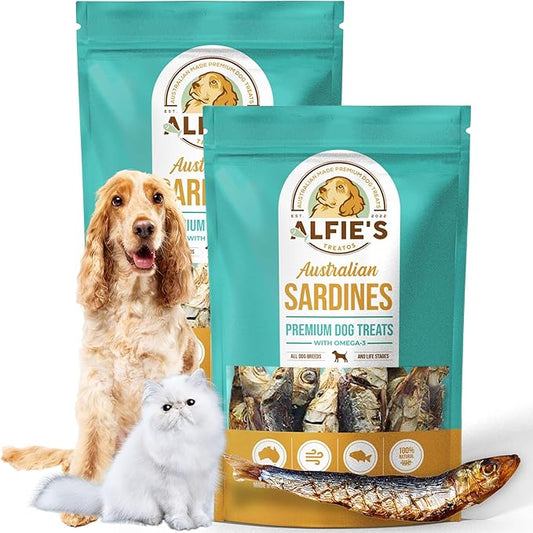 ALFIE'S TREATOS Sardines for Dogs & Cats (5.3 oz, 2x2.65 oz), Value Bundle, Air-Dried Fish Dog Treats, Omega-3 Food Topper, Single Ingredient, Australian Wild-Caught, Freeze-Dried Alternative-PawvioPets