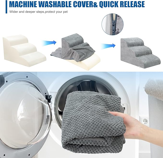 Dog Stairs for Small Dogs - High Density Foam Dog Ramp, Extra Wide Pet Steps with Non-Slip Bottom for High Beds, Couche and Sofa, Best for Dogs Injured, Older Doggy Cats (Grey, 3 Steps)-PawvioPets