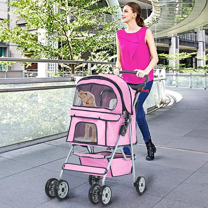 Dog Stroller, Folding 4 Wheels Pet Stroller for Small Medium Dog Cat Travel Carrier with Weather Cover Storage Basket Cup Holders Pink-PawvioPets