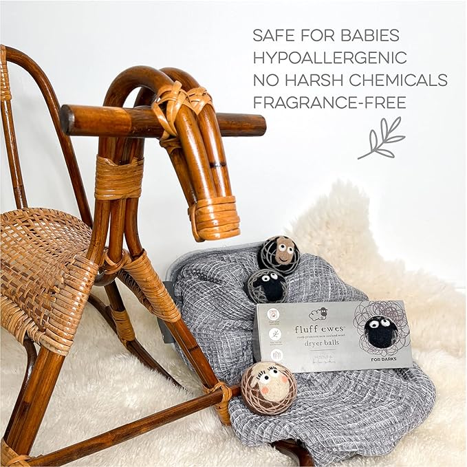 Fluff Ewes Wool Dryer Balls 3 Pack Premium New Zealand Wool Laundry Balls for Dryer, No Static Dryer Balls Laundry Reusable Cute - XL Wool Dryer Balls Cute, Baby Dryer Balls for Dryers - Darks-PawvioPets