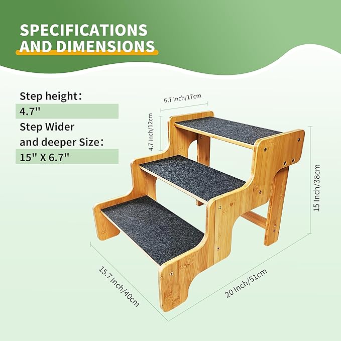 Dog Stairs for Small Dogs,3-Step Bamboo Wooden Dog/Pet/Cat Steps Ramp for Couch Sofa,Bed and Car, Can Support Weighing Up to 160 LB,-PawvioPets