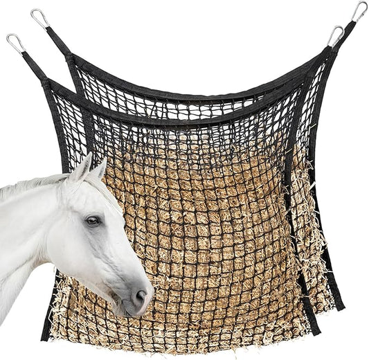 2 PCS Slow Feed Hay Net for Horses, Large Capacity Hay Bags for Horses Goats Sheep Donkey Trailer Full Day Feeding, Easy to Fill and Hang, Black, 35 x 31 Inch-PawvioPets