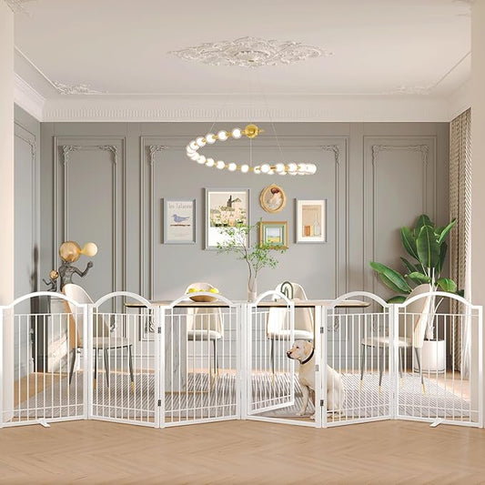 BHG Metal No-Assembly Freestanding Dog Gate with Door Walk Through, Extra Wide 144", Extra Tall 32" Pet Gate, Accordion Puppy Folding Playpen Dog Fence, with 2PCS Support (White, 6 panesl)-PawvioPets