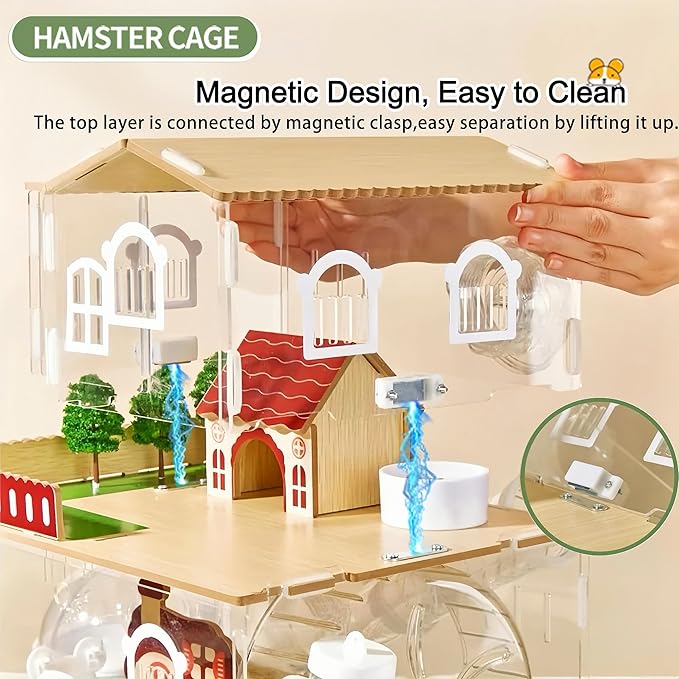 17 in 1 Clear Acrylic Hamster Cage with All Accessories,13.5''L* 10''W* 21''H Dwarf Hamster Cage,Magnetic Connection Small Hamster Enclosure,Garden Style Wooden Pet Mouse Cage for Pet Mice(3-Layer)-PawvioPets
