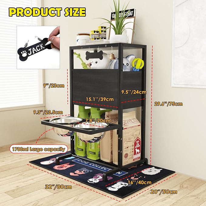 Elevated Dog Bowls, Height Adjustable Raised Dog Bowl Stand (4.5'' to 12''), Organizer Bowl Holder for Large Medium Dogs-PawvioPets