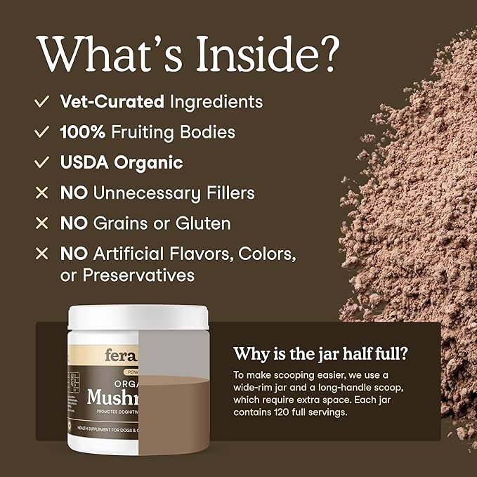 Fera Pets Mushroom Supplement for Dogs & Cats with Turkey Tail - USDA Organic - Cognitive and Immune Support - Enhances Liver Function - Supports a Healthy Gut - Powder - 120 Scoops-PawvioPets